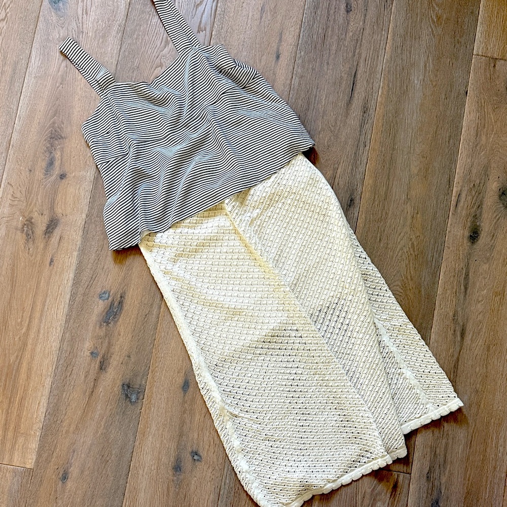 Everlane Silk Black Striped Top in 2 and Birch Lace Knit Skirt in 2